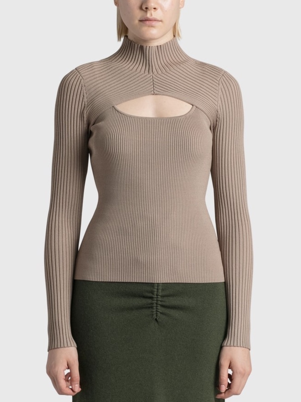 Jonathan Simkhai Ribbed Long-Sleeve Top with Chest Cutout in Taupe